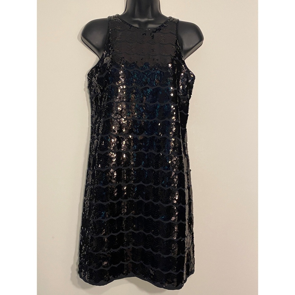 Vineyard Vines Womens Black Scalloped Sequin Shift Dress Size 0 Sleeveless Mini